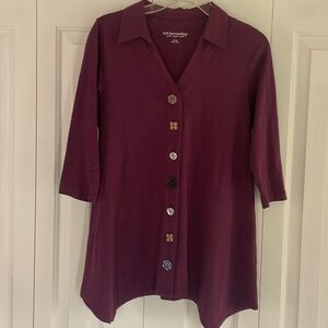 Soft Surroundings Danielle Cotton Button Top Purple 3/4 Sleeve Curve Hem XS